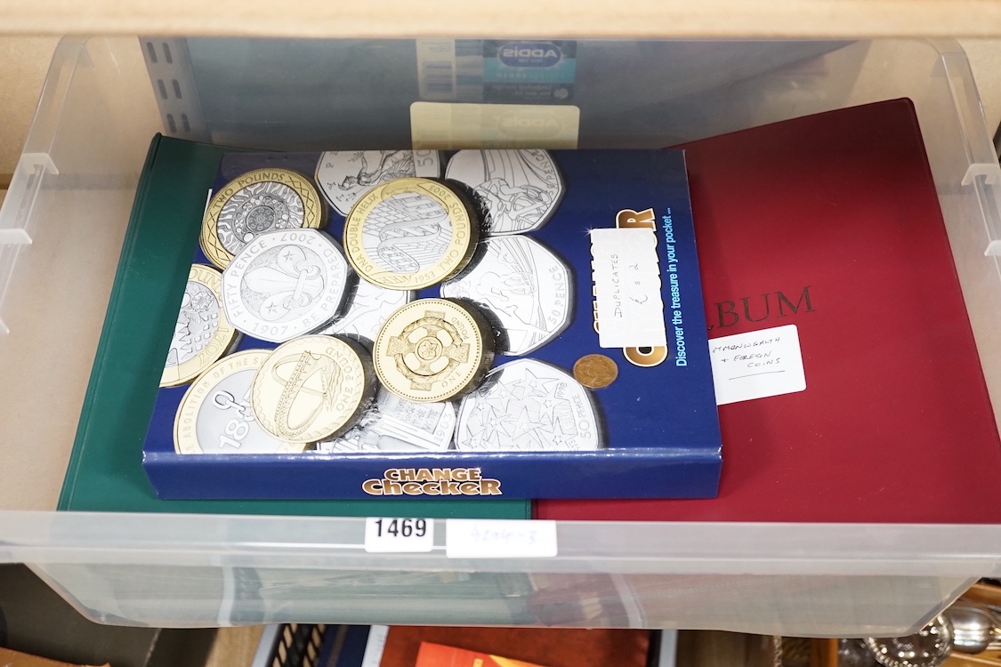 Three albums of George V to Queen Elizabeth II pre decimal coins an album of post war Commonwealth and World coins, other coin sets, commemorative crowns etc (1 box)